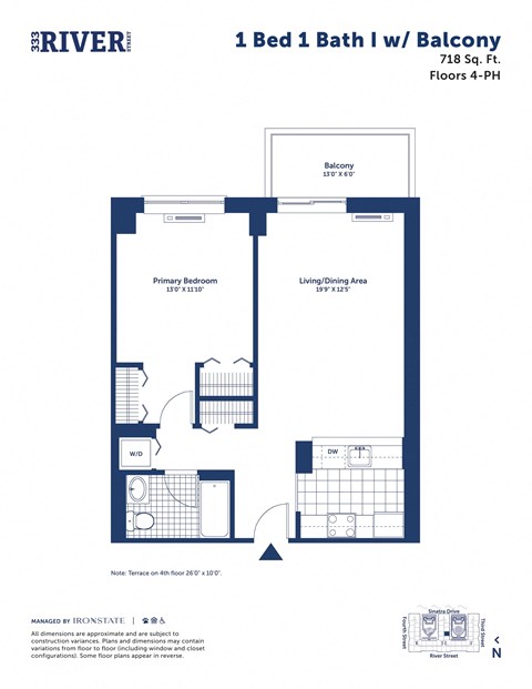 Floor plan for 1 bed, 1 bath, 718 sqft